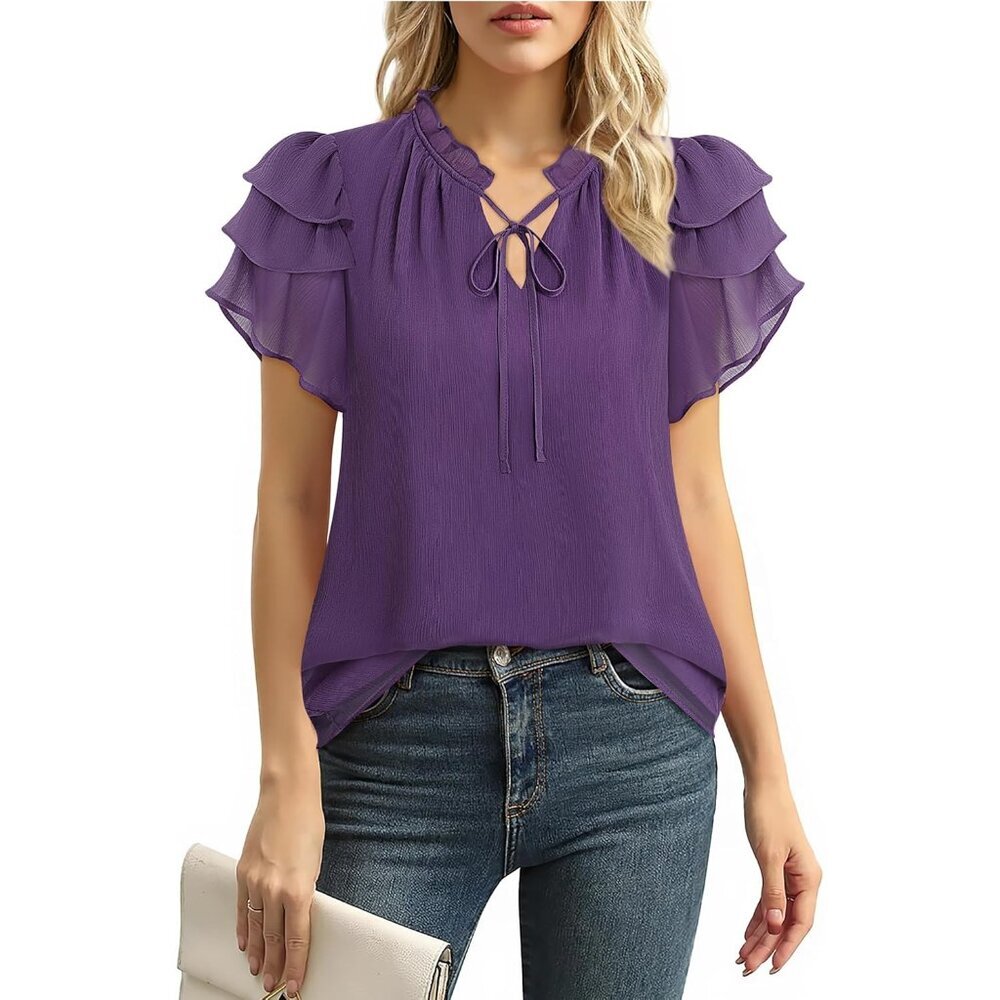 Summer Chiffon Blouse Women Ruffle Sleeves V-Neck Casual Dressy Top